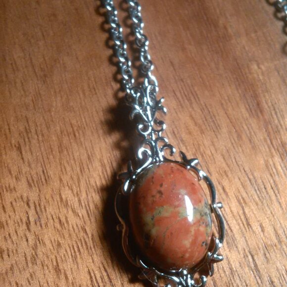 Unakite Silvertone Pendant Stainless Steel Necklace - Picture 4 of 12